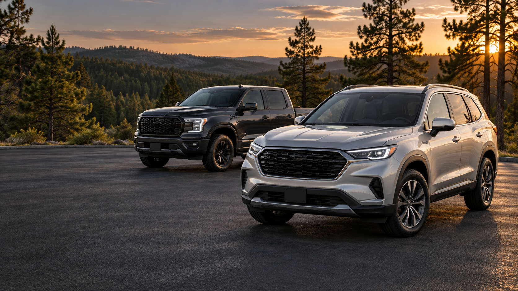 Illustrative image of an SUV and pickup parked outdoors